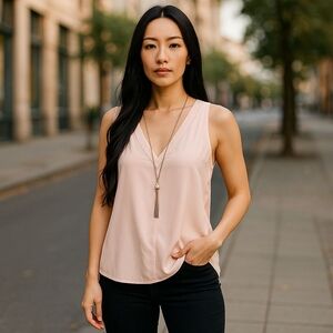 Thalia Sodi Light Pink Sleeveless Blouse w/ Necklace • Size M • Elegant & Chic